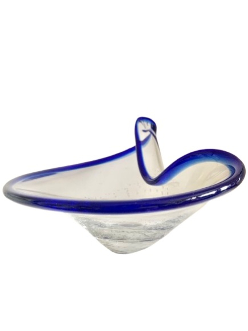 MCM Modernist Hand Blown Clear Cobalt Blue Pinched Wave Rim Art Glass Bowl